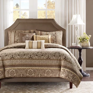 NEW!~ MODERN ELEGANT CHIC TROPICAL PALM LEAF RICH BROWN TAN TAUPE GOLD QUILT SET - Picture 1 of 4