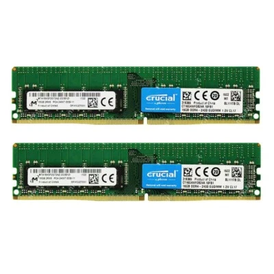 Crucial 32GB (2X16GB) DDR4 2400MHz PC4-19200 ECC EUDIMM Memory Ram CT16G4WFD824A - Image 1 of 4