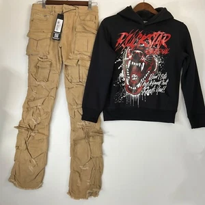 Rockstar Original Boys Griff Black/Beige Hoodie/Stacked Flare Jean Set - Picture 1 of 15