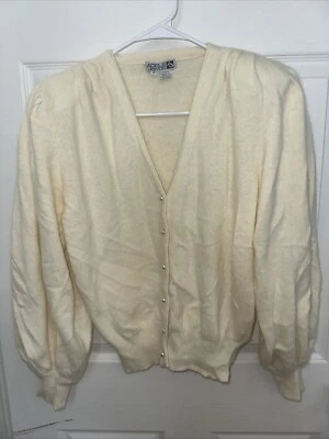 Adele Joyce Women's Cardigan Size Medium Ivory Lambswool Angora Puff Sleeve VTG - Image 1 of 4