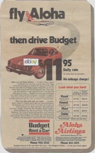 ALOHA AIRLINES 737 FUNBIRD JETS & BUDGET RENT A CAR 1977 CHEVY VEGA 11,95 $ AD - Bild 1 von 1