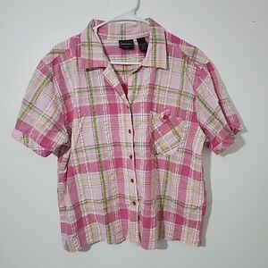 Bobbie Brooks Shirt Womens XL Pink Plaid Button Front Short Sleeve 100% Cotton