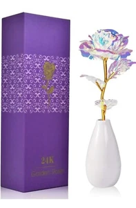 24k Gold Plate Artificial Rose With Ceramic Vase, Gift Box.Valentines Day Gift - Picture 1 of 9