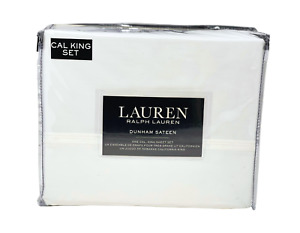 RALPH LAUREN 4 PC CAL. KING 300 TC Soft Dunham Cotton Sateen White Sheet Set NEW