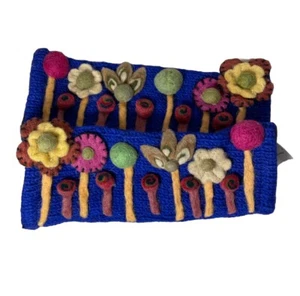 New Wool Fingerless Gloves Fleece Lined Felted Flowers Floral Handmade Nepal - Picture 1 of 5