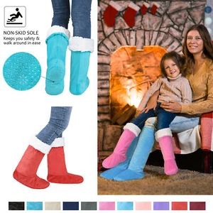 Fuzzy FUR FLEECE SLIPPER BOOTS Bootie Slip On LADIES WARM COSY LINED HOUSE SHOES - Picture 1 of 62