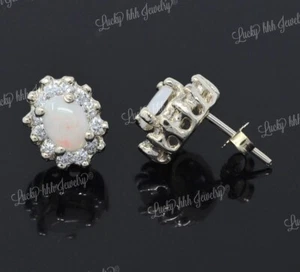 14k Yellow Gold Stud Diamond & AAA Oval Australian Opal Earring Oct Birthstone - Picture 1 of 8