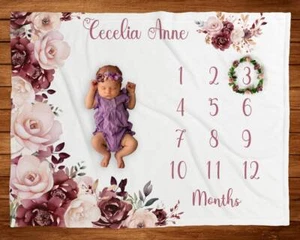 Burgundy Blush Floral Milestone Blanket Girl Deep Red Roses Baby Month Blanket - Picture 1 of 7