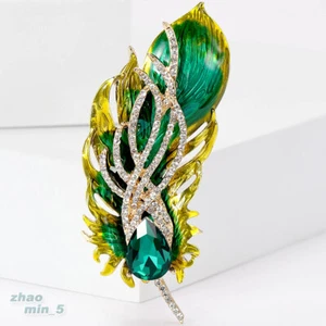 Crystal Peacock Feather Brooch Pin Enamel Rhinestone Brooches Wedding Party Gift - Picture 1 of 9