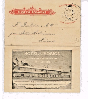 Peru 3 Cantavos Hotel Chosica Leter Card used Lima. Rare Drop rate - Image 1 of 2