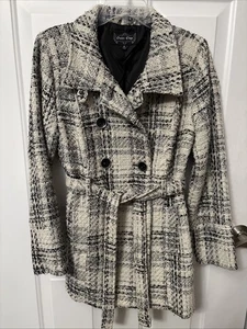 Outer Edge Jacke Damen Medium weiß & schwarz Glitzer Erbsenmantel gefüttert Gürtel - Bild 1 von 18