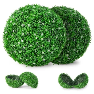 2PCS Agrifoglio Palline Topiarie Artificiali 19,5" Finto Bosso con Fiori Bianchi Portico - Foto 1 di 9