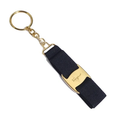 Auth Salvatore Ferragamo Vara Ribbon Key Ring Holder Black/Gold Canvas - e60050a - Image 1 of 4