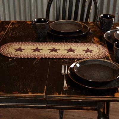 Table Runner Burgundy Tan Jute Primitive 8x24 Oval Stars Kitchen VHC Brands - Image 1 of 4