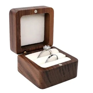 Wedding Ring Box - Wooden Retro Engagement Ring Holder Gift Box Mini Square - Picture 1 of 8