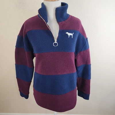 Suéter Pullover Victoria's Secret ROSA Polar Talla Pequeña Rugby Rayas 1/4 Cremallera Foto 1 de 4