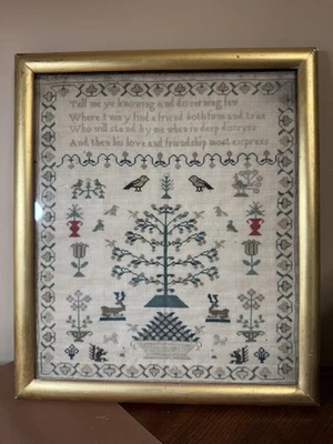 Antique Cross Stitch Sampler Sweet Sentiment and animal motifs - Image 1 of 4