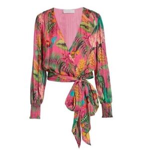 Ramy Brook Women's Quentin Printed Wrap Metallic Bell Sleeve Top XXS NWT 395 - Picture 1 of 14