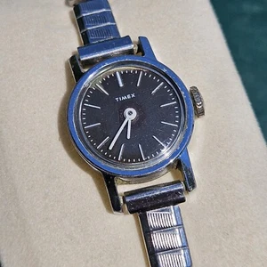Vintage Timex Watch Women Silver Tone Retro Black Dial Mechanical Manual Wind - Picture 1 of 6