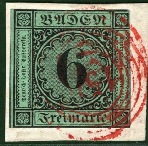 Germany BADEN 1851 6kr RED *154* Walldurn Numeral Piece Scott.3var ORANGE349 - Picture 1 of 6