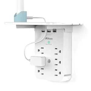Wall Outlet Extender with Surge Protector, 6 AC Outlets, Shelf, 2 USB & USB C Ch - Picture 1 of 12