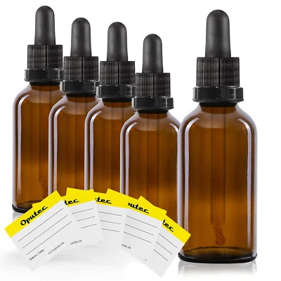 5 x 50ml Oputec Pipettenflasche aus Braunglas + 5 Etiketten, Apothekerflasche