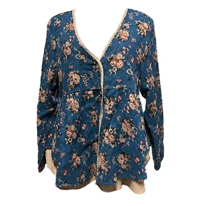 Blusa O-Nelue Azul Floral Cuello en V Boho Chic Manga Larga Informal Top Talla L - Imagen 1 de 5