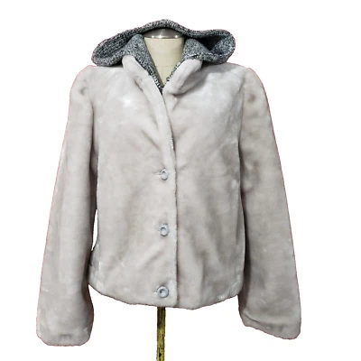 Vtg Jordache Faux Fur Gray Button Coat Jacket w/knit zip & Hood Sz 13/11 - Image 1 of 4