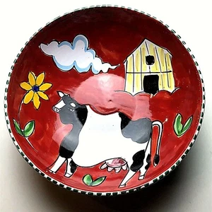 The Cellar Serving Bowl Art Pottery Macy Co Italy Hand Painted Red Cow Barn VTG - Picture 1 of 4