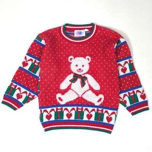 Vtg Heartworks Sweater Girls Sz 5-6 Christmas Red Teddy Bear Presents Holiday - Picture 1 of 5
