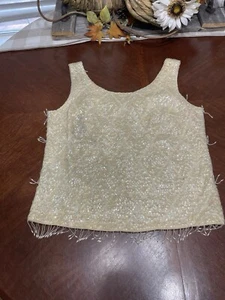 Vintage 60s Sequin Beaded Cocktail Top Tank Wool Ivory M Hong Kong Tassels Mcm - Picture 1 of 10