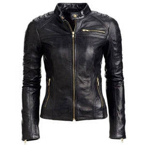 Damen Slim Fit weiches Lammfell schwarz Cafe Racer Motorrad Rave Biker Jacke - Bild 1 von 3