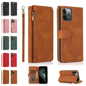 Für iPhone 15 14 12 Pro Max XS X XR SE 876 Reißverschluss Wallet Case Leder Flip Cover - Bild 1 von 17
