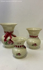 3PC Vtg Formalities By Baum Bros Porcelain Latticework Vases Roses Gold Rim - Picture 1 of 6