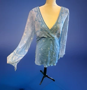 Y2K NYC Design Co 100% Seide Paisley Babydoll Bluse L blau Boho Glocke Kleid Top - Bild 1 von 3