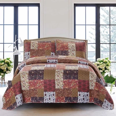 Red Twin Quilt Set - 2-Piece Autumn Patchwork, Lightweight Bedspread with Sham - Image 1 of 4