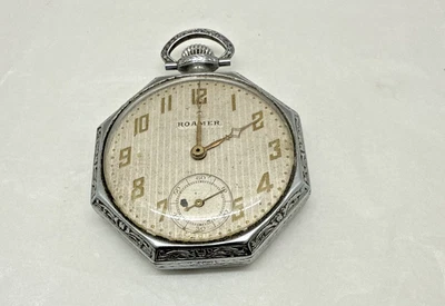 Vintage Roamer Open Face Mechanical Hand Wind Pocket Watch Octagone shape - Image 1 of 4