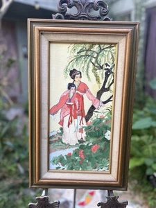Original asiatische Kunst Öl auf Leinwand Gemälde gerahmt Geisha Mädchen im Garten 20,5" T - Bild 1 von 13