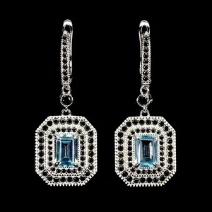 925 Sterling Silver Earrings Octagon Blue Topaz 7x5mm Spinel Natural Gemstone - Picture 1 of 13