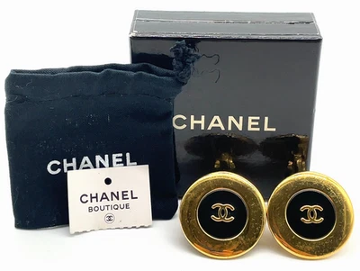 Auth Chanel Vinatge Coco 97A  Gold and Black  Large Earrings  W/Box RT040053 - Image 1 of 4