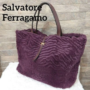 SALVATORE FERRAGAMO Handbag Tote Bag Double Gancini Fur Leather Logo Vintage 11F - Picture 1 of 15