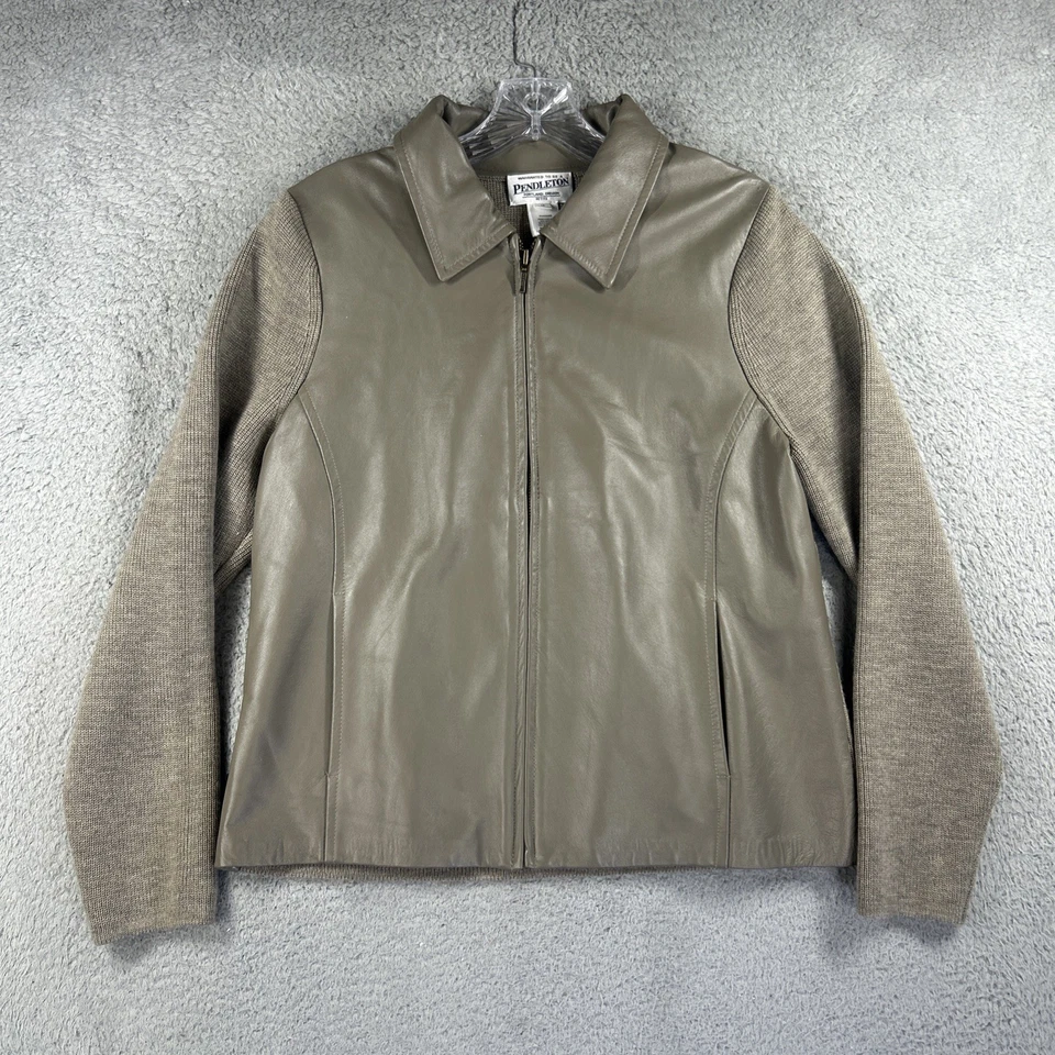 Pendleton Jacket Womens Medium Petite Beige Leather Merino Wool Full Zip Coat - Image 1 of 4