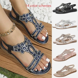 Women's Elastic Diamante Slingback Sandals Ladies Summer Flat Open Toe Flip Shoe - Picture 1 of 41