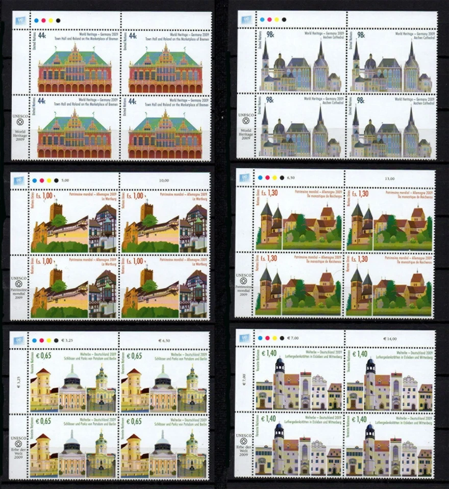 联合国纽约,斯科特 # 979 - 980,全新邮票 6 件套板块德国站点 2009 — 第 1/1 张图片