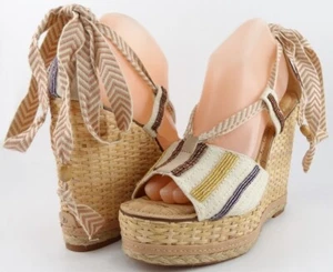 $175 SAM EDELMAN TREY Metallic Cream Canvas Designer Platform Wedges 7.5 - Picture 1 of 6