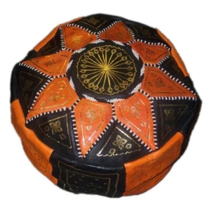 Pouf Moroccan Hassock Pooff Leather Pouff Ottoman Footstool MED Black/ Orange - Picture 1 of 2