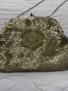 Cream, ivory mini beaded With Rose evening bag purse Snap Closure Chain Strap - Picture 1 of 12