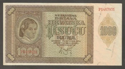 Croatia 1000 Kuna 26.5.1941; EF+; P-4, BNB-B104a; Woman; Mountains; WWII - Image 1 of 2