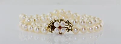 14K yellow gold 7" 2-row 6-7mm cultured pearl bracelet with ruby clasp - Image 1 of 3