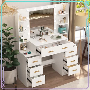 White Vanity Dressing Table 7 Drawers Dresser Desk 11 LED Bulbs Makeup Mirror - Picture 1 of 9